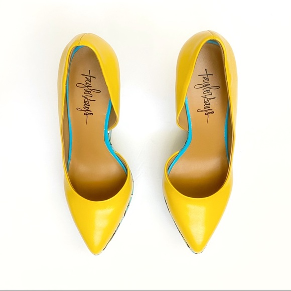 Taylor Says Bonafide yellow blue floral print open side pointed platform wedge - Picture 6 of 10